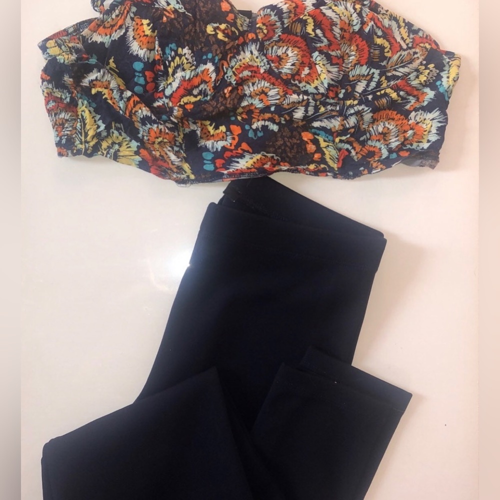 Blue leggings and floral blue crop top set 2 piece